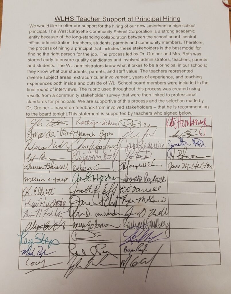 Petition of WL teachers, urging support of the new principal. 